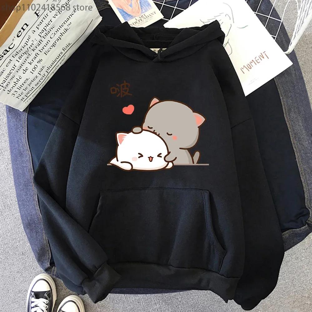 Персиковые кошачьи худи Кавайная одежда Эстетичные милые розовые топы Оверсайз толстовки с мультяшным принтом Женские теплые уличные мужские