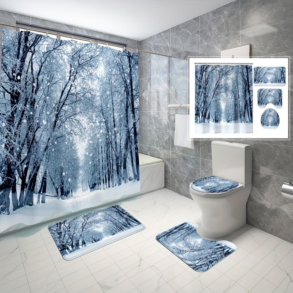 4pcs Winter Forest Shower Curtain Set Decorative Bathroom Set Waterproof Non-Slip Carpet Toilet Cover Bath Mat 12 Hooks