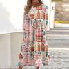 Women's Casual Round Neck Christmas Print Midi Dress Long Sleeve Pocket Dress