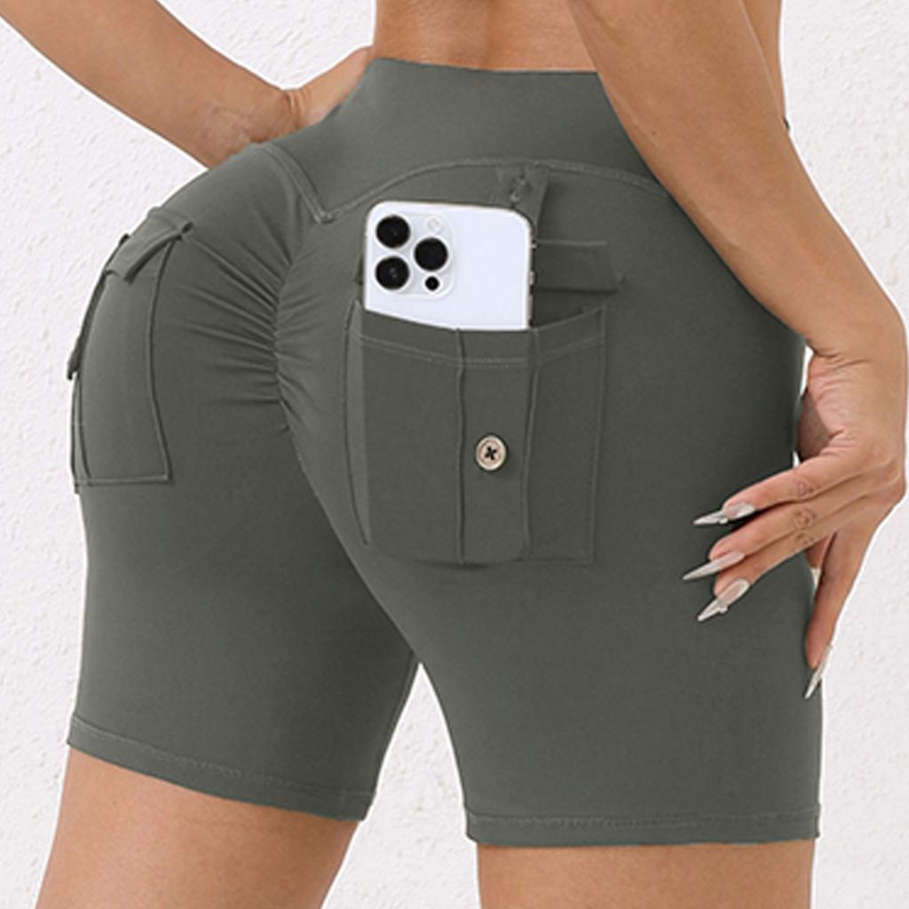 Женские бесшовные шорты для йоги с задним карманом, подтягивающие ягодицы и рюши, велосипедные колготки для тренировок, шорты для спортзала