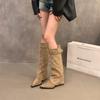 Wedge Heel High Heel Pointed Suede Pile Boots Medium Knight Boots Women's Shoes 2025 Winter Skinny Long Boots