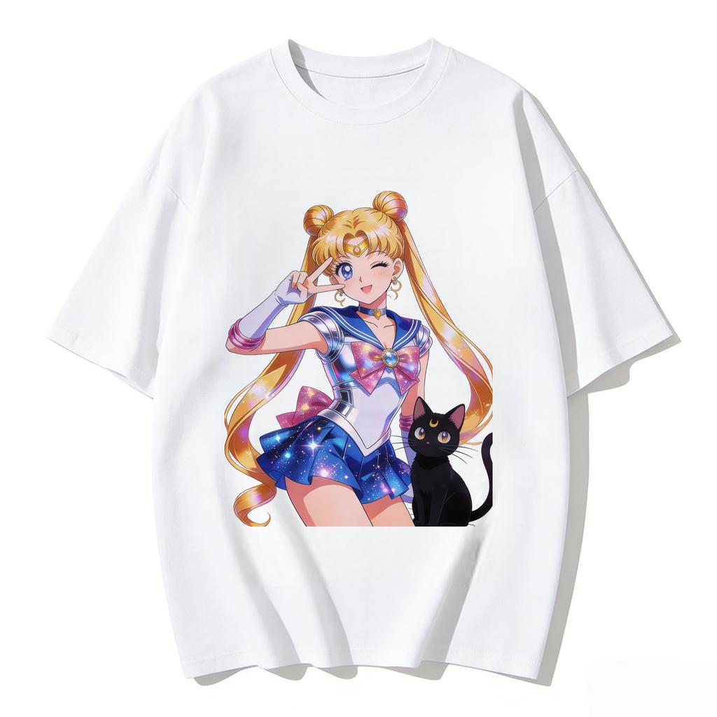 Summer Hot Sailor Moon Tsukino Usagi Luna Cat T-shirt Print Casual Tee Parent-child Matching Tops Versatile