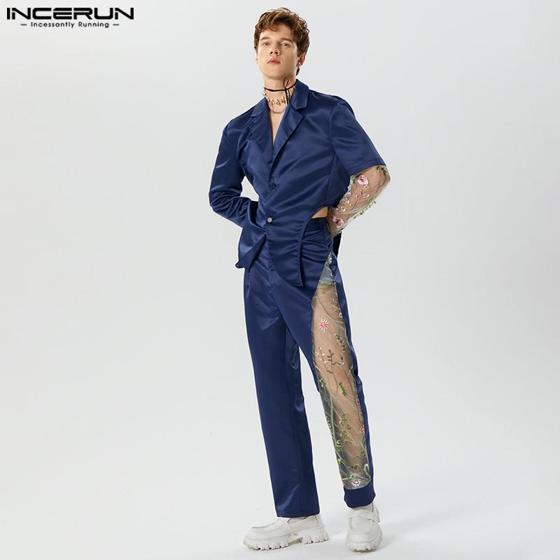 INCERUN Мужской костюм из двух частей с кружевной вышивкой, рубашки для вечеринок, длинные брюки