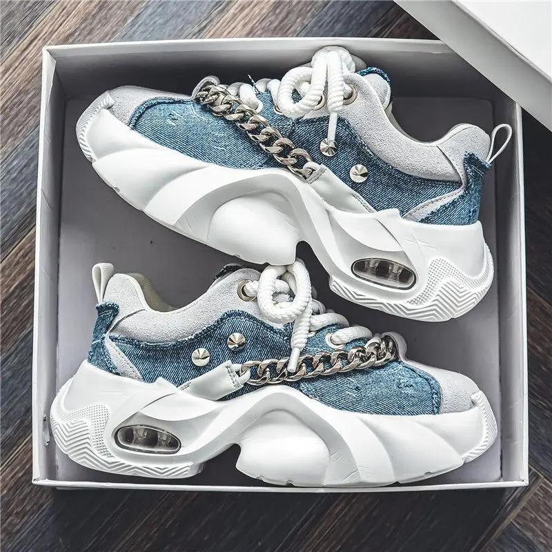 Мужская обувь Осень Новые Модные Туфли на Толстой Подошве с Увеличением Роста Износостойкие Металлическая Цепочка Шнуровка Комфорт Клепки Кроссовки 2025