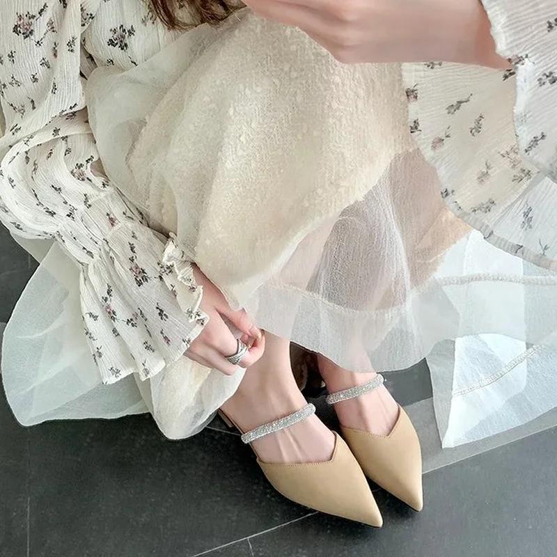 Женские тапочки, женские туфли, мюли с острым носком для женщин, 2024, тапочки на тонком каблуке, мягкие бежевые шлепанцы на каблуке, модные, новые, комфортные