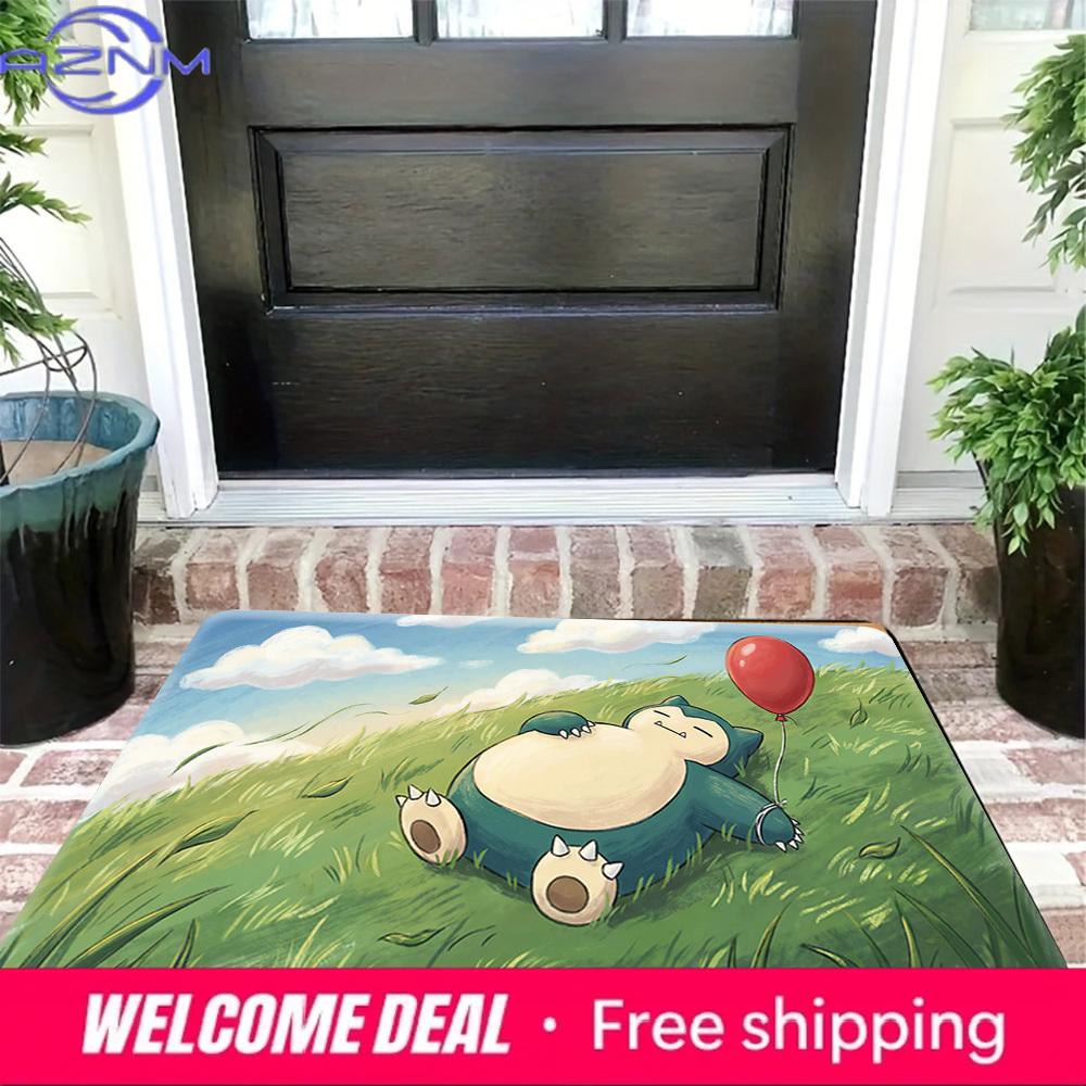 Cute Snorlax Lying On Grass With Red Balloon Soft Non-Slip Absorbent Home Indoor Bedroom Entryway Bathroom Doormat Floor Rug