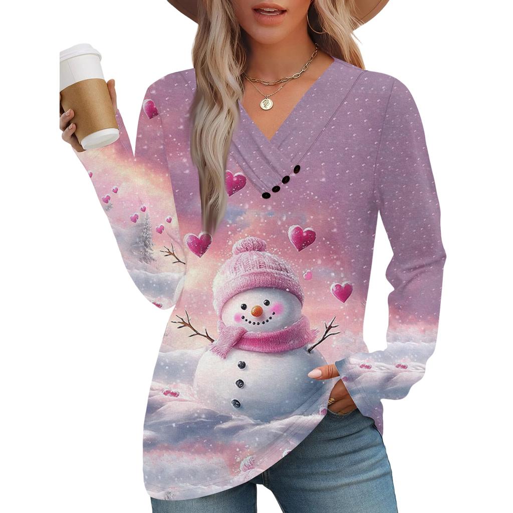 Women's Fashion Casual V-neck Pleated Christmas Long Sleeve Top