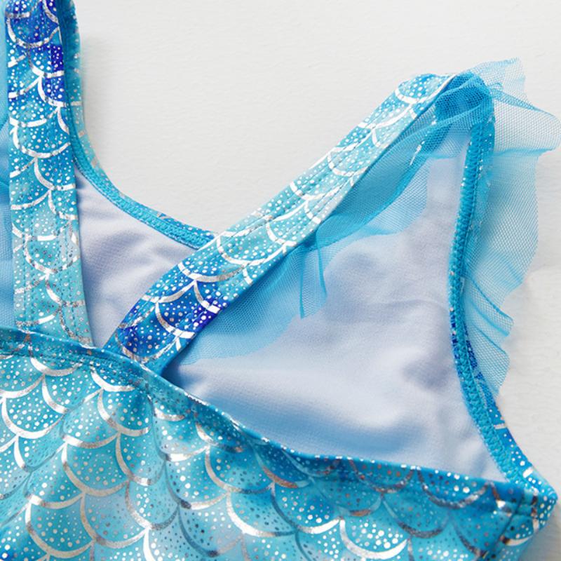 Цельный купальник для маленьких девочек с рюшами и тюлевыми оборками, лето 2023, пляжная одежда с принтом русалки, купальный костюм