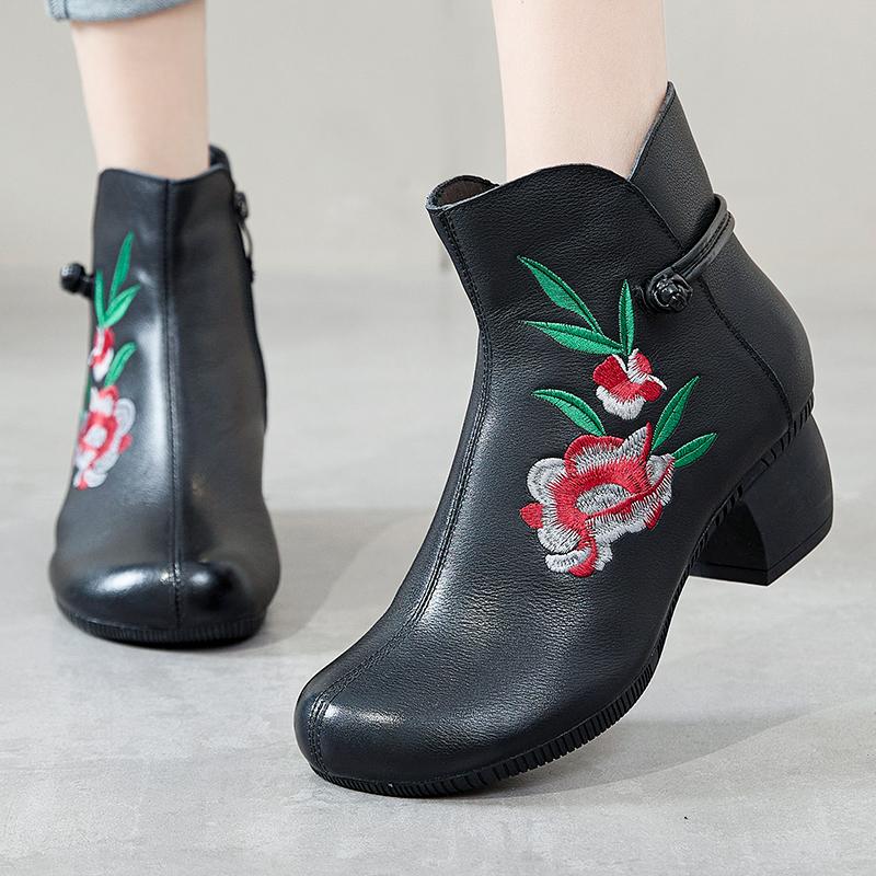 GKTINOO Floral Ankle Boots For Women Autumn Winter Genuine Leather Women's Boots Retro Handmade Comforable Shoes High Heels