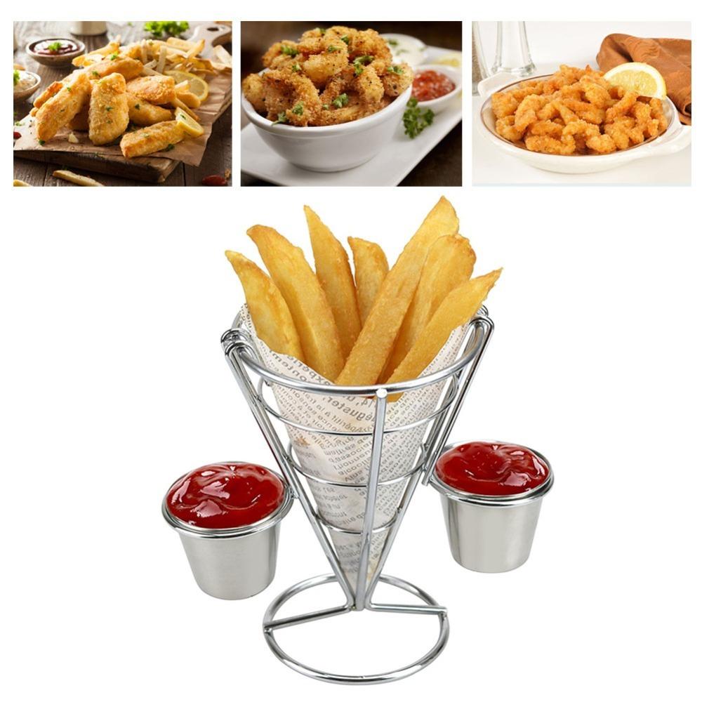 Sliver Fries Display Stand with Sauce Cup Fries Baskets French Fry Cone Holder  Serving Snacks