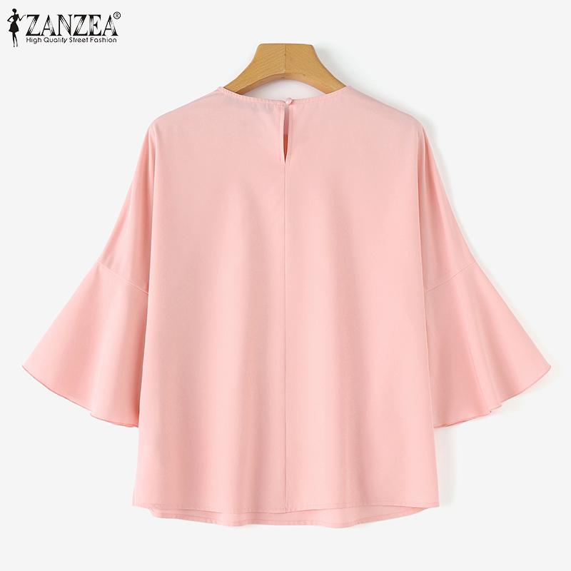 ZANZEA Женская прямая однотонная свободная блузка с круглым вырезом и расклешенными рукавами 3/4