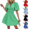 Women's Fashionable Solid Color V-neck Bubble Short-Sleeved Temperament Pleated High Waisted Party Dress