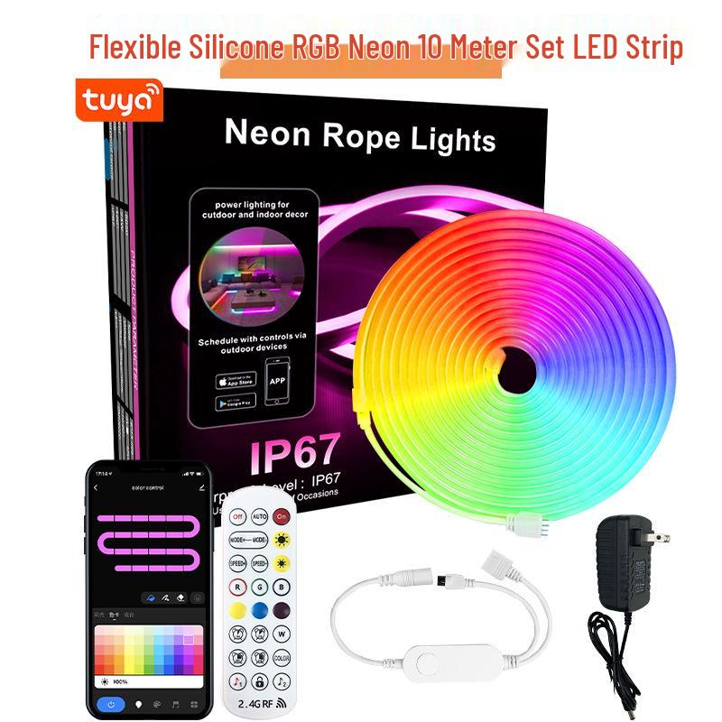 Комплект неоновой RGB-подсветки 10 м: Цветная силиконовая лента с управлением по Wi-Fi/Bluetooth, активацией звуком и возможностью создания DIY-фигур, водонепроницаемая для атмосферного освещения.