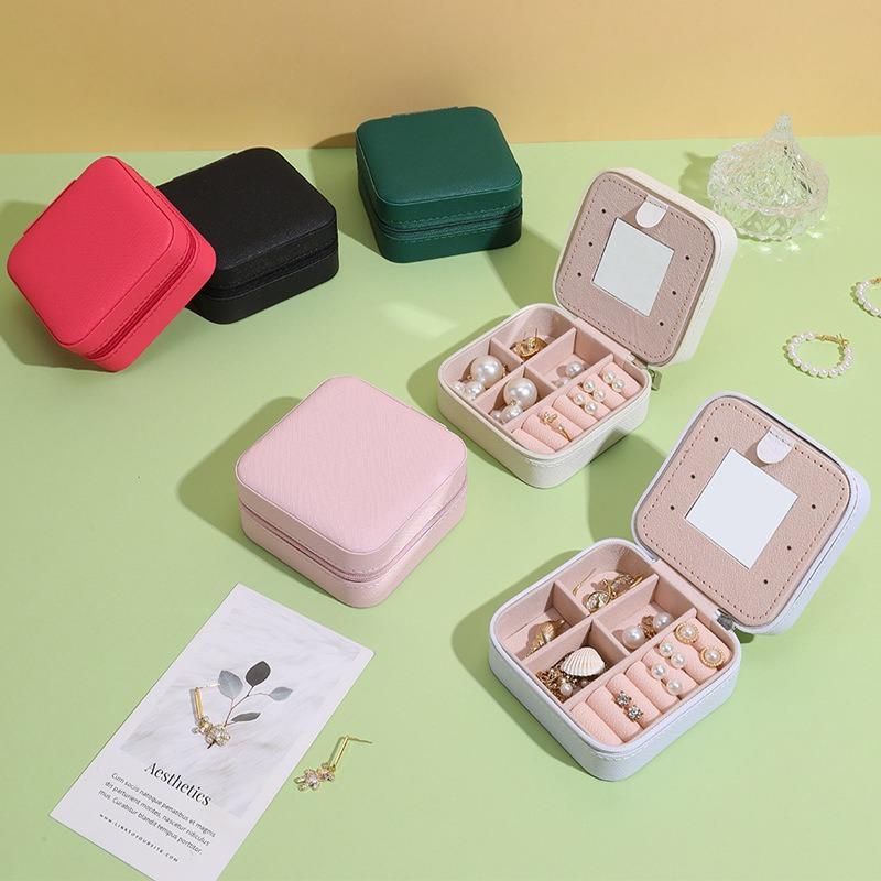 1pcs Portable Mirror Split Zipper Earring Earrings Necklace Jewelry Box Storage Jewelry Box Leather bag