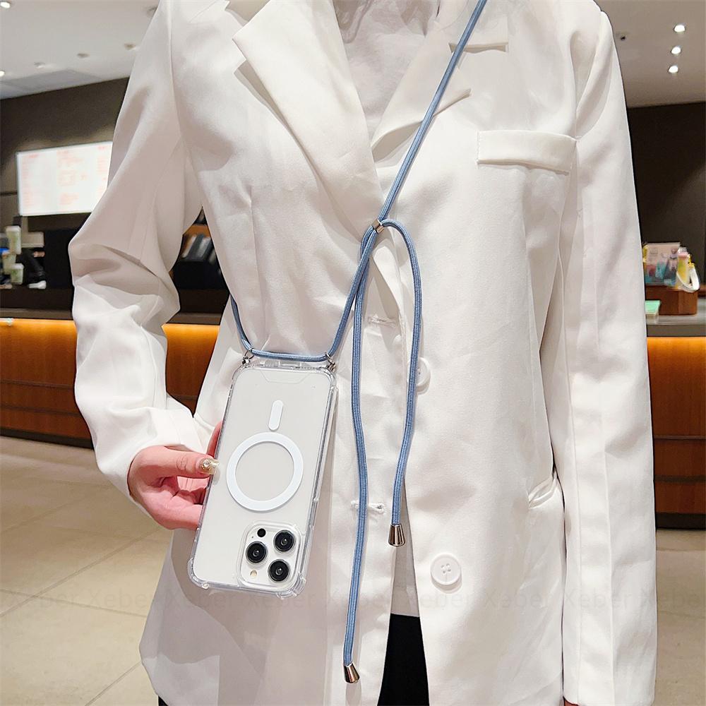 Ремешок через плечо для Magsafe, магнитный чехол с беспроводной зарядкой для iPhone 11 12 13 14 15 Pro Max X XR XS 7 8 Plus SE, прозрачный чехол