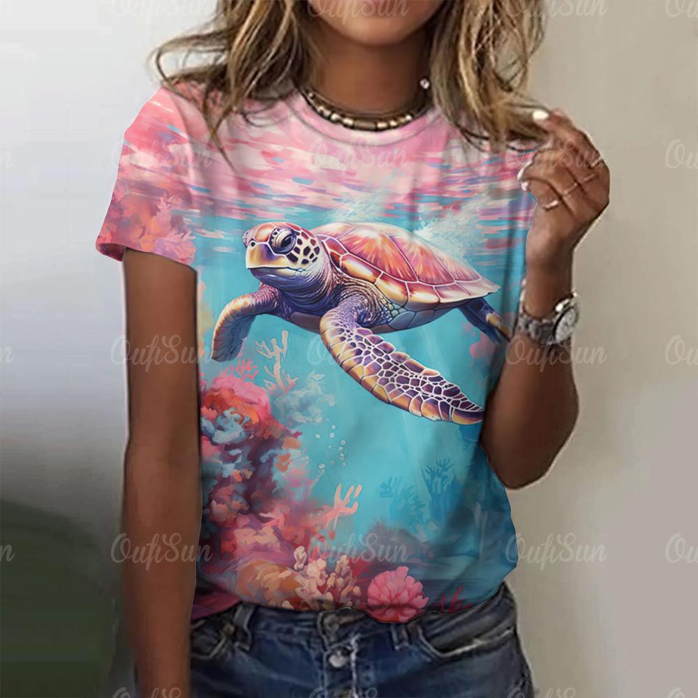 Летние женские футболки с короткими рукавами и черепаховым принтом, модные женские футболки, топ с рисунком любви, женская одежда большого размера