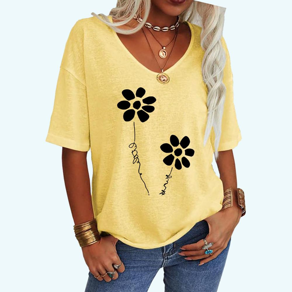 Women Fashion Loose Tee Shirt Casual V Neck Summer Top Feather Print Short Sleeve T-shirt
