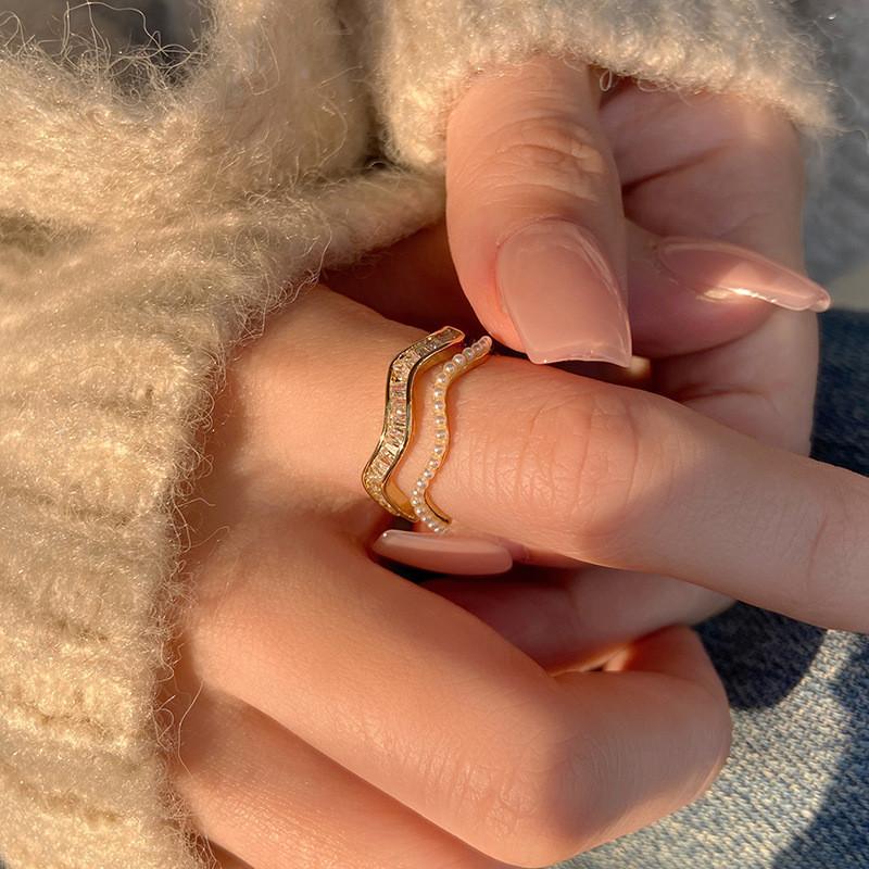 Elegant Korean Style Double Layer Wave Pearl Zircon Open Adjustable Ring For Women