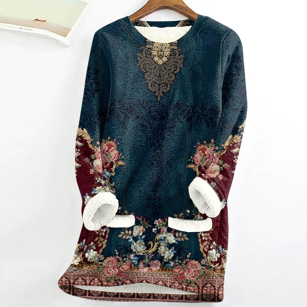 Women's Round Neck Top Printing Thickened Plush Cashmere Warm Long Top