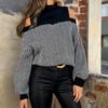 Autumn and Winter Women's Striped Sweater Half High Neck Fashion Pullover Cold Shoulder Knitwear