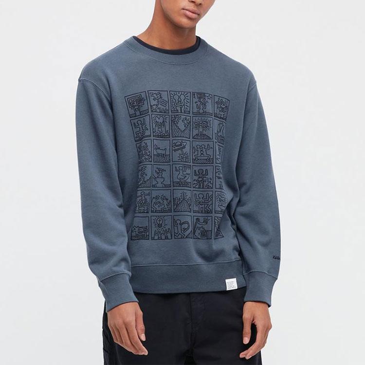 Uniqlo Свитшот унисекс с принтом в виде мультяшного узора, коллаборация с Keith Haring, круглый вырез, темно-серый 446372-08