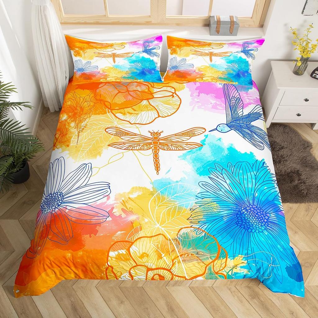 Dragonfly Duvet Cover Queen Botanical Floral Comforter Cover Vintage Style Sunflower Bedding Set Natural Pastoral Spring Decor