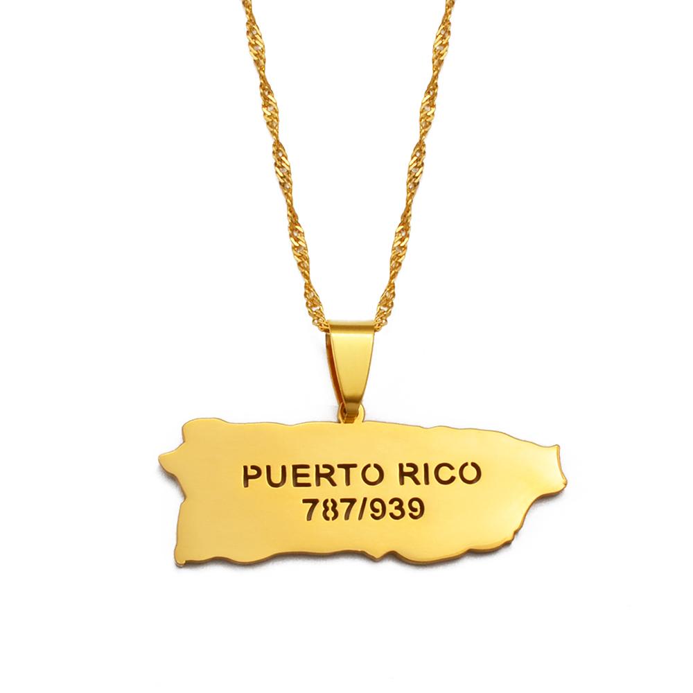Anniyo Puerto Rico Map and Area Code Pendant Necklaces Gold Color PR Puerto Ricans Jewelry @238021