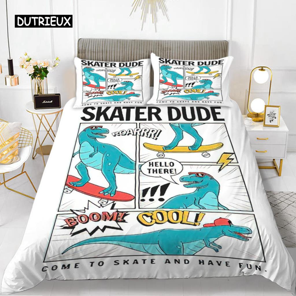 Cartoon Dinosaur Duvet Cover Set King Microfiber Cute Cartoon Dino Comforter Cover Set Jungle Animals Bedding Set for Baby Girls