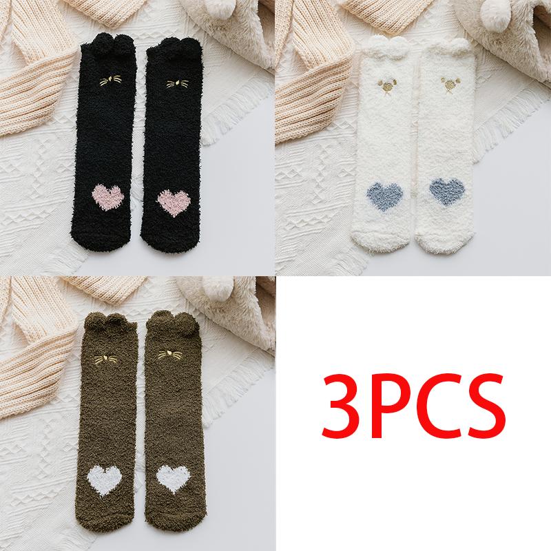3/5 Pairs Winter Women Warm Socks Fluffy Plush Sleep Soft Cozy Girls Cute Cartoon Floor Socks