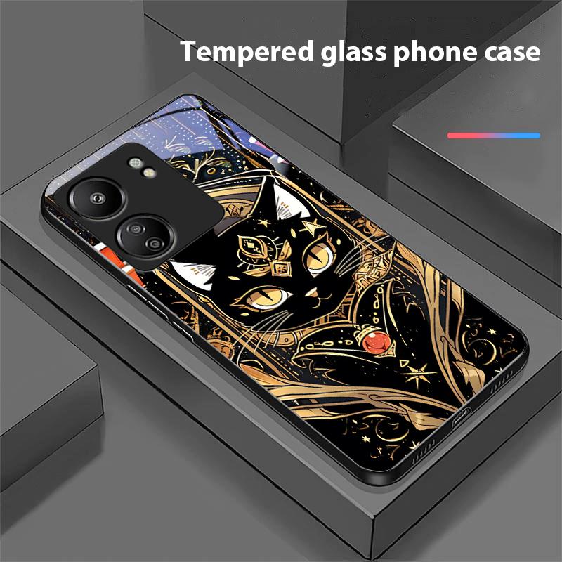 Черный Золотой Кот Для Xiaomi Redmi 13C Note13 12 Pro Plus 5G Note 9 13T Pro POCO X6 F5 F6 Черный Чехол для телефона из закаленного стекла