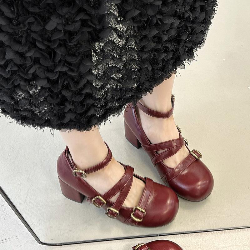 Cross-buckle Mary Jane women's high heels autumn 2025 new with skirt retro round head thick heel low-top shoes