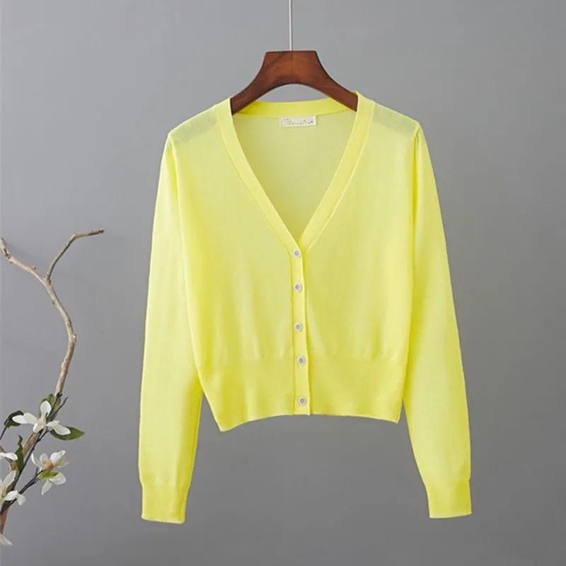 Женский весенне-летний солнцезащитный повседневный вязаный кардиган с V-образным вырезом, однобортный, с ажурной вязкой, тонкое пальто