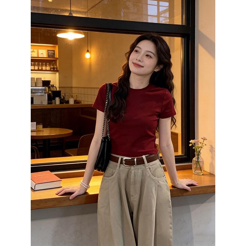 Brown Shoulder Short Sleeve T-Shirt Women's Summer New Crew Neck Cotton Slim Skinny Fashion Versatile Top