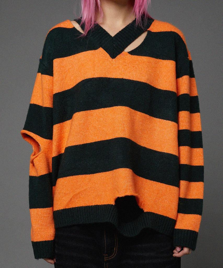 HOODHOOD Striped Cutout V-Neck Knit Orange