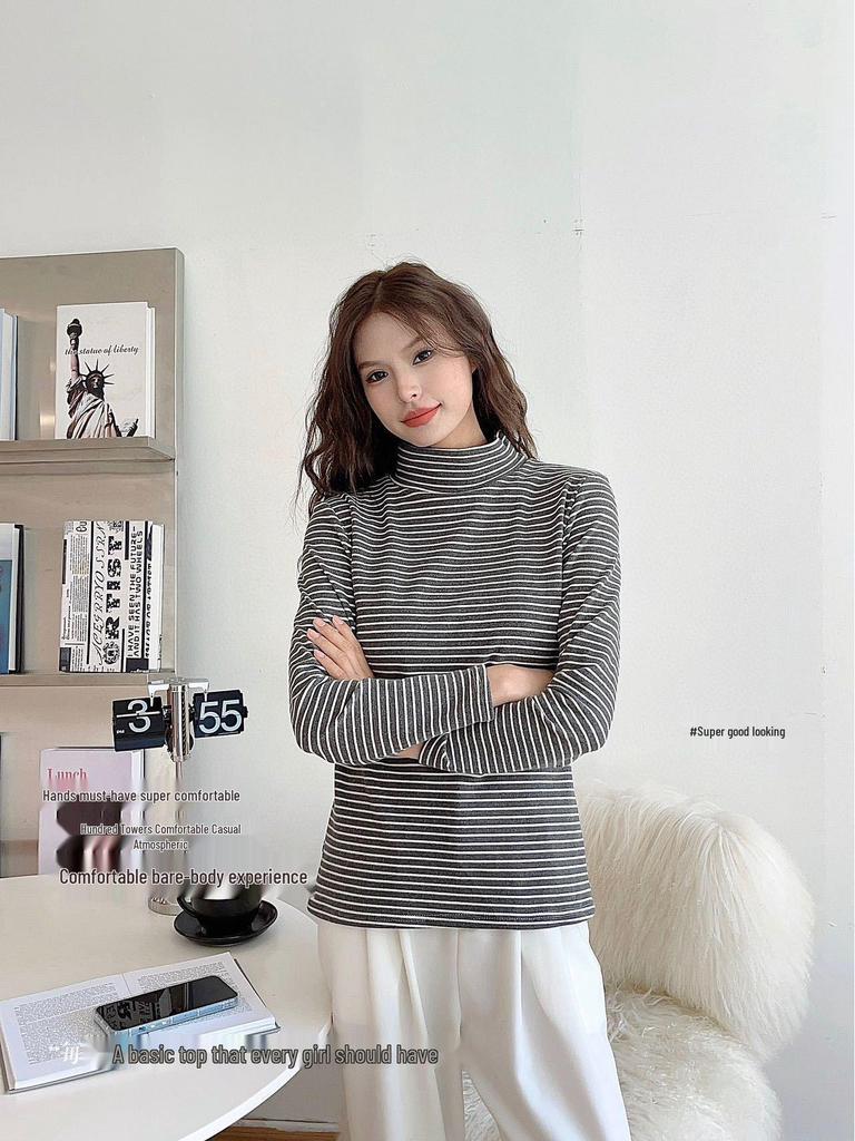 Женский полосатый велюровый пуловер со средней горловиной - Осенне-зимняя теплая приталенная рубашка с длинным рукавом