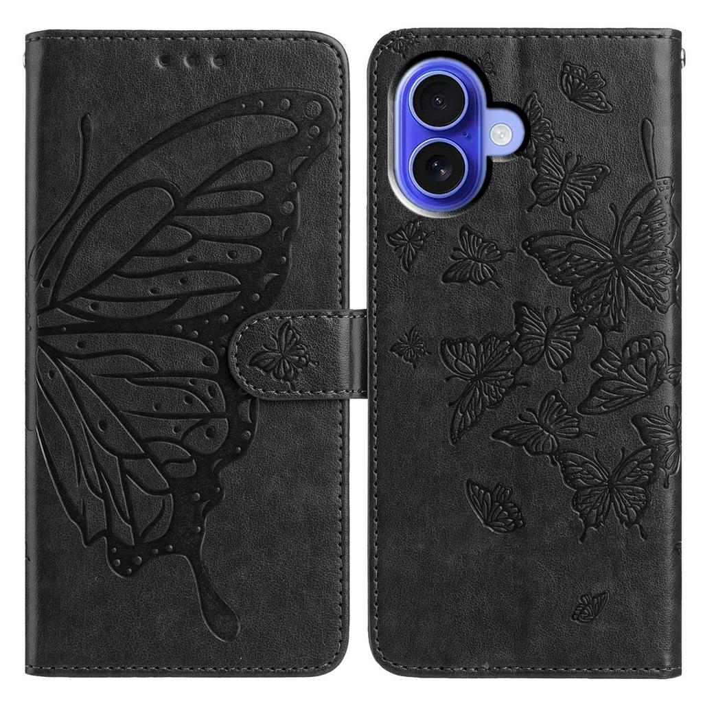 For iPhone 16 Plus Case Butterfly Imprinted Wallet Stand PU Leather Flip Phone Cover with Strap