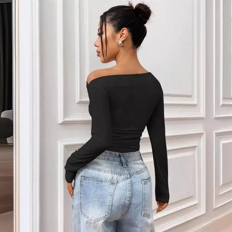 Европейская и американская однотонная футболка с косыми плечами и длинными рукавами, осенняя, острая, модная, для девушек, облегающая футболка