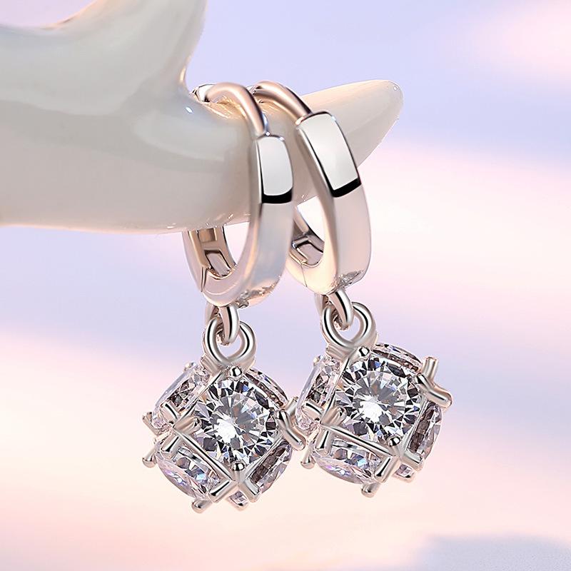 Earrings Elegant Love Window Silver Plated Cube Block Six Diamond Zircon Earrings for Women Thin-Looking Earrings
