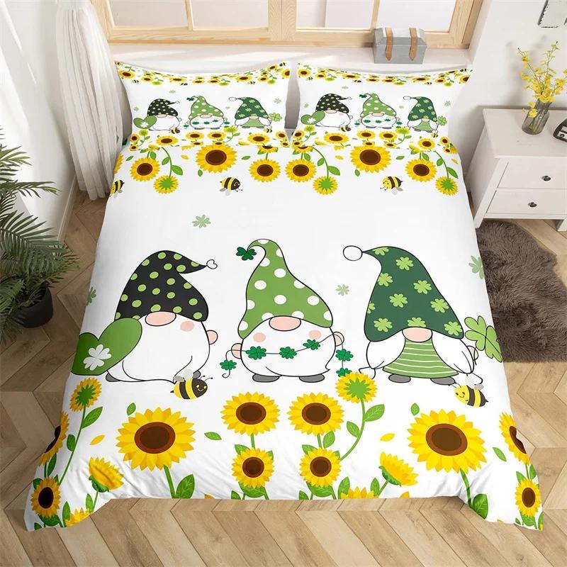 Spring Flower Gnomes Duvet Cover Romantic Rose Floral Bedding Set Microfiber Lovely Christmas Dwarf Quilt Cover Twin King Size