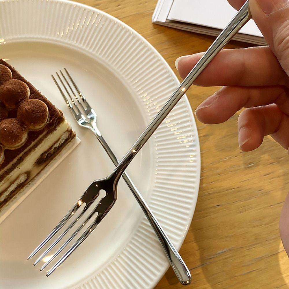 Десертная вилка из нержавеющей стали с длинной ручкой, фруктовые вилки с четырьмя зубцами, обеденная вилка, для послеобеденного чая