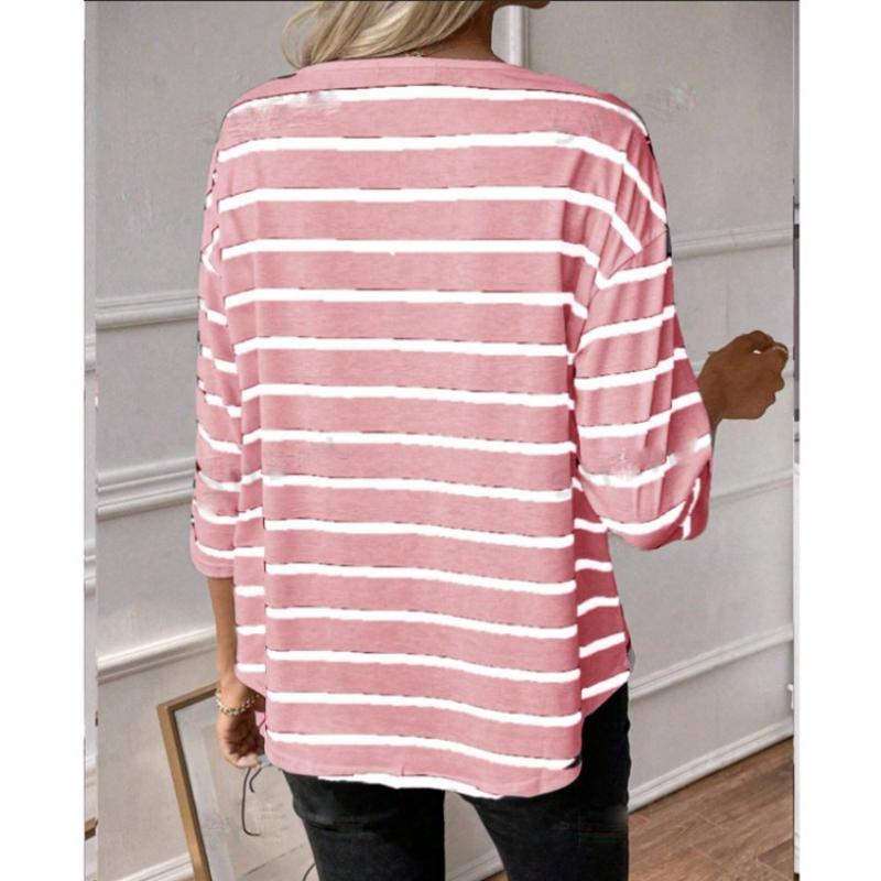Women's Medium Sleeve Crew Neck Striped T-Shirt Loose Top