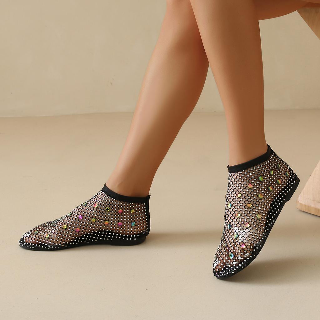 Цветные сетчатые дышащие сандалии со стразами Новые модные плоские сандалии без застежек Плоские сетчатые чулки Сандалии Обувь для женщин