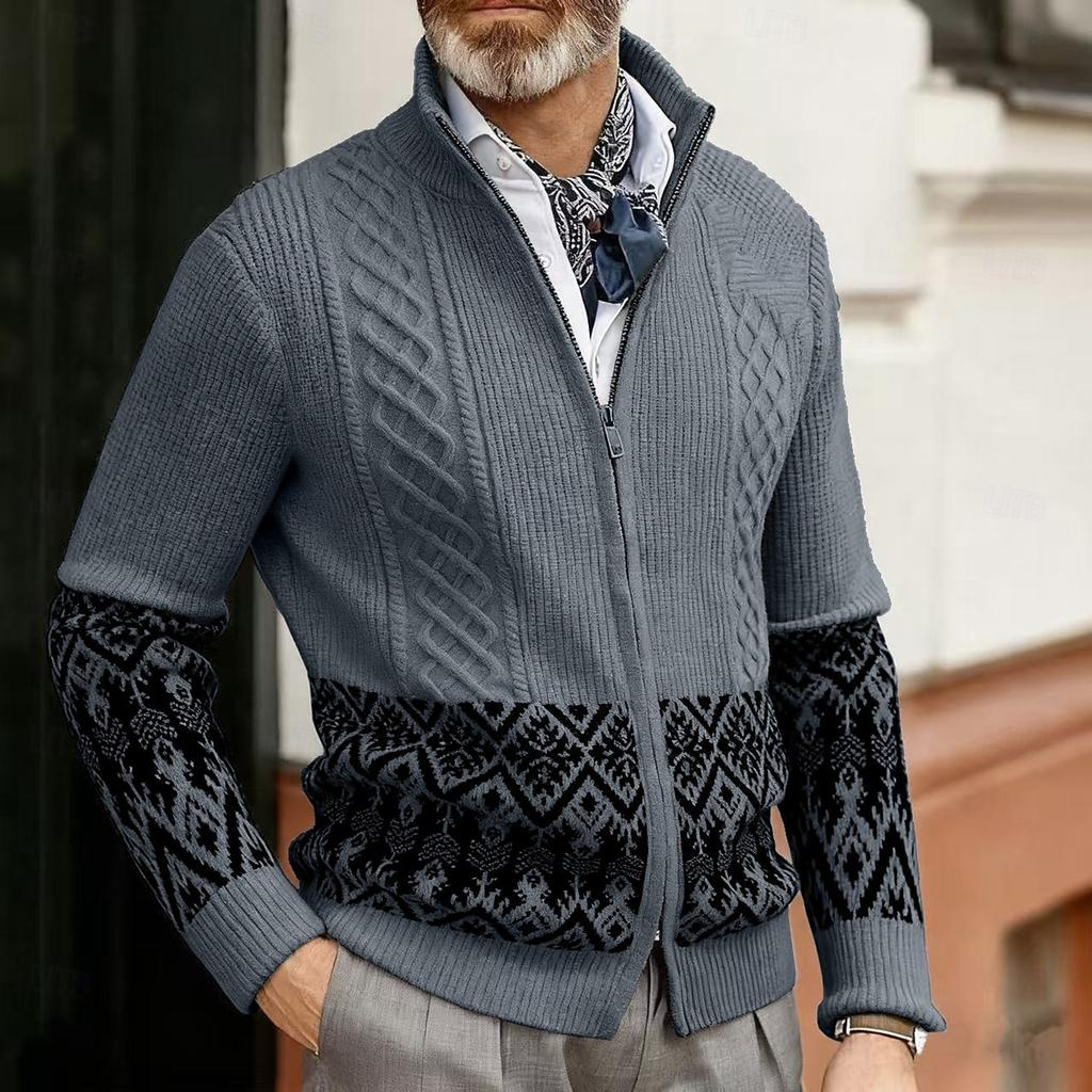 Men's Sweater Cardigan Zip Sweater Ribbed Cable Knit Regular Tops Knitted Plain Stand Collar Vacation Fashion Casual Daily Wear Clothing
