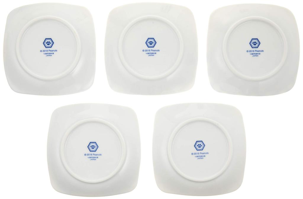 Yamaka Shoten SNOOPY Blue and White Square Adult Microwave and Dishwasher Perfect for and Made in "PEANUTS" Plate, 12.5cm, 5-Pattern Set, Design,