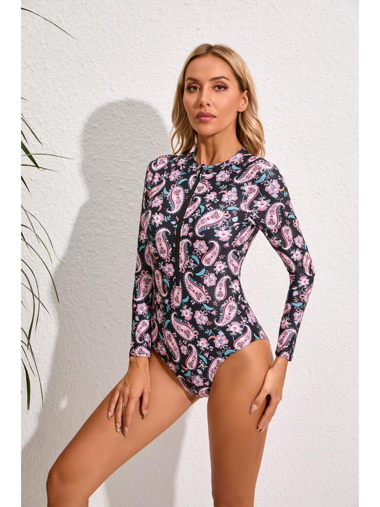 25 Long-Sleeve Printed One-Piece Swimsuits with Zipper: Stylish and Conservative Women's Surfing Wear In Stock