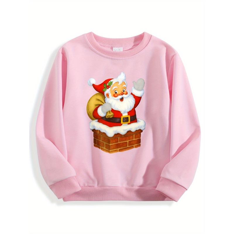 Kids Crewneck Sweatshirt, Santa Chimney Graphic Print, Winter Festival Holiday Pullover