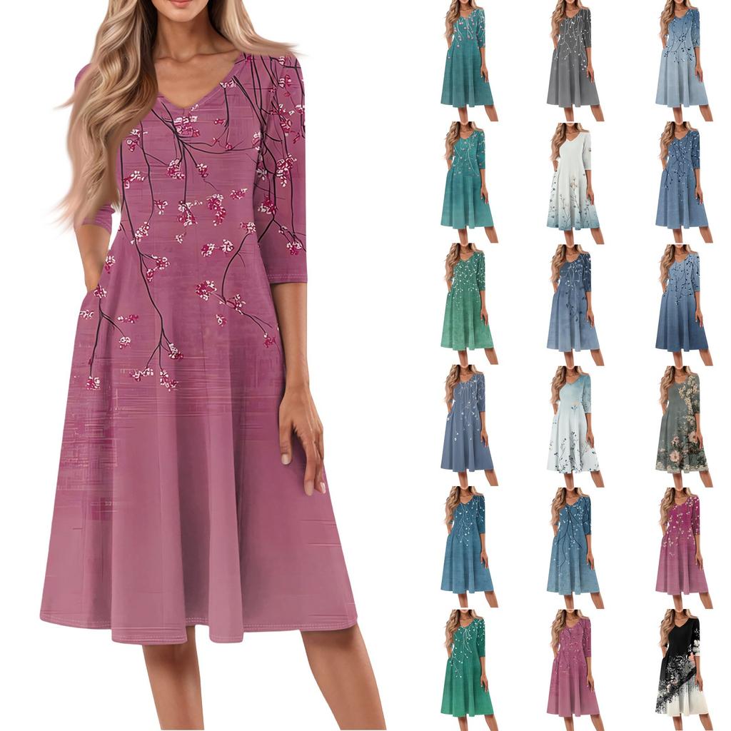 Женское повседневное модное платье миди с V-образным вырезом и рукавом три четверти