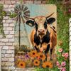 Винтажный металлический плакат с шотландской коровой, настенное искусство «Цветочный луг» для гостиной