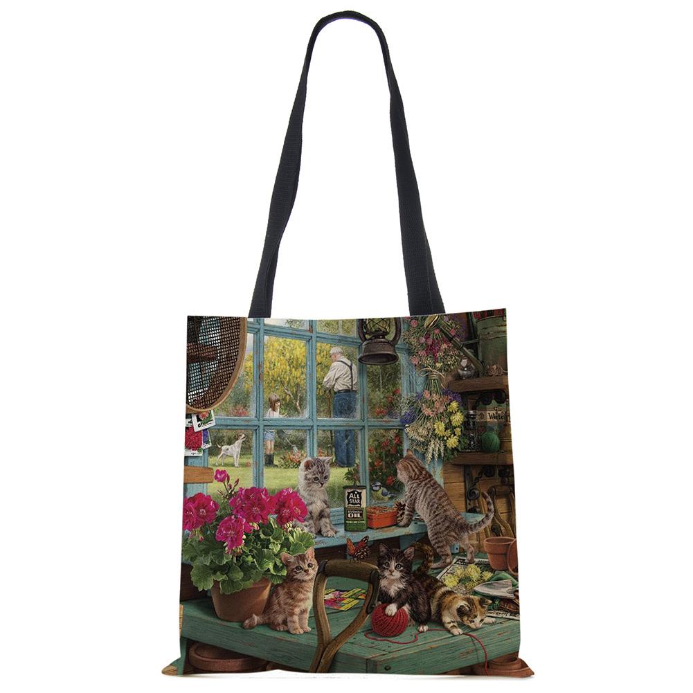 Женские дизайнерские большие сумки с принтом кота на заказ, льняная многоразовая сумка для покупок, сумки на плечо для женщин, 2020