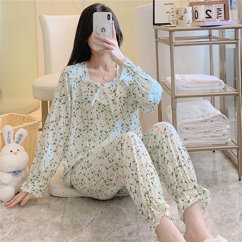 Пижамы женские с длинными рукавами из тонкого хлопка и шелка корейский комплект одежды для сна больших размеров